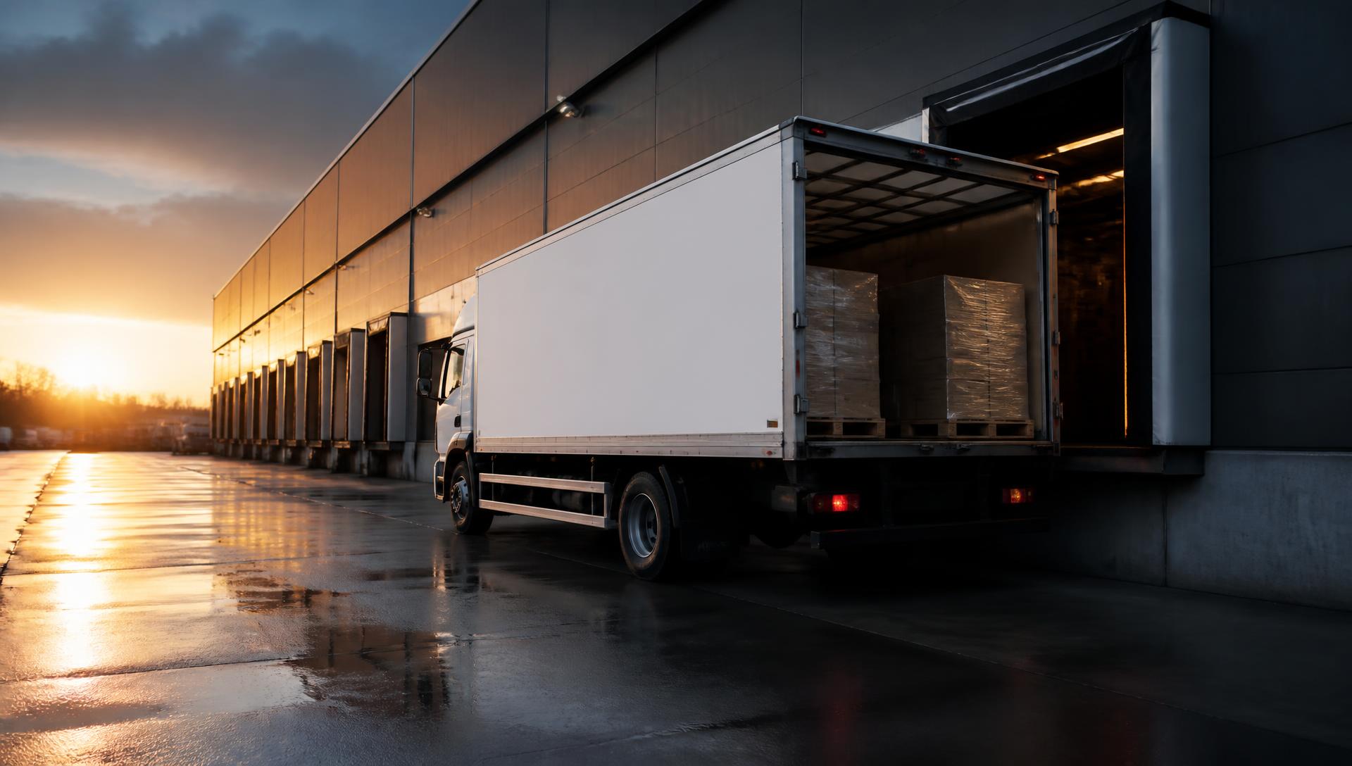 Delivery truck loading at the Nizara Distribution warehouse dock